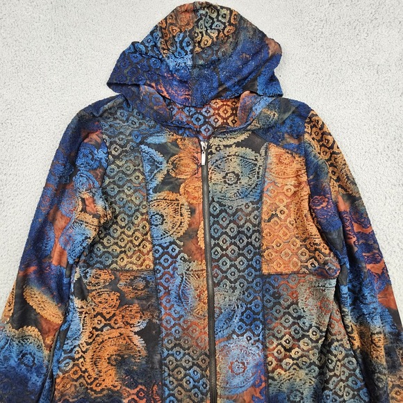 Kamana Zip Up Hoodie Women L Blue Orange Patchwork Burnout Asymmetrical Boho - Picture 3 of 8